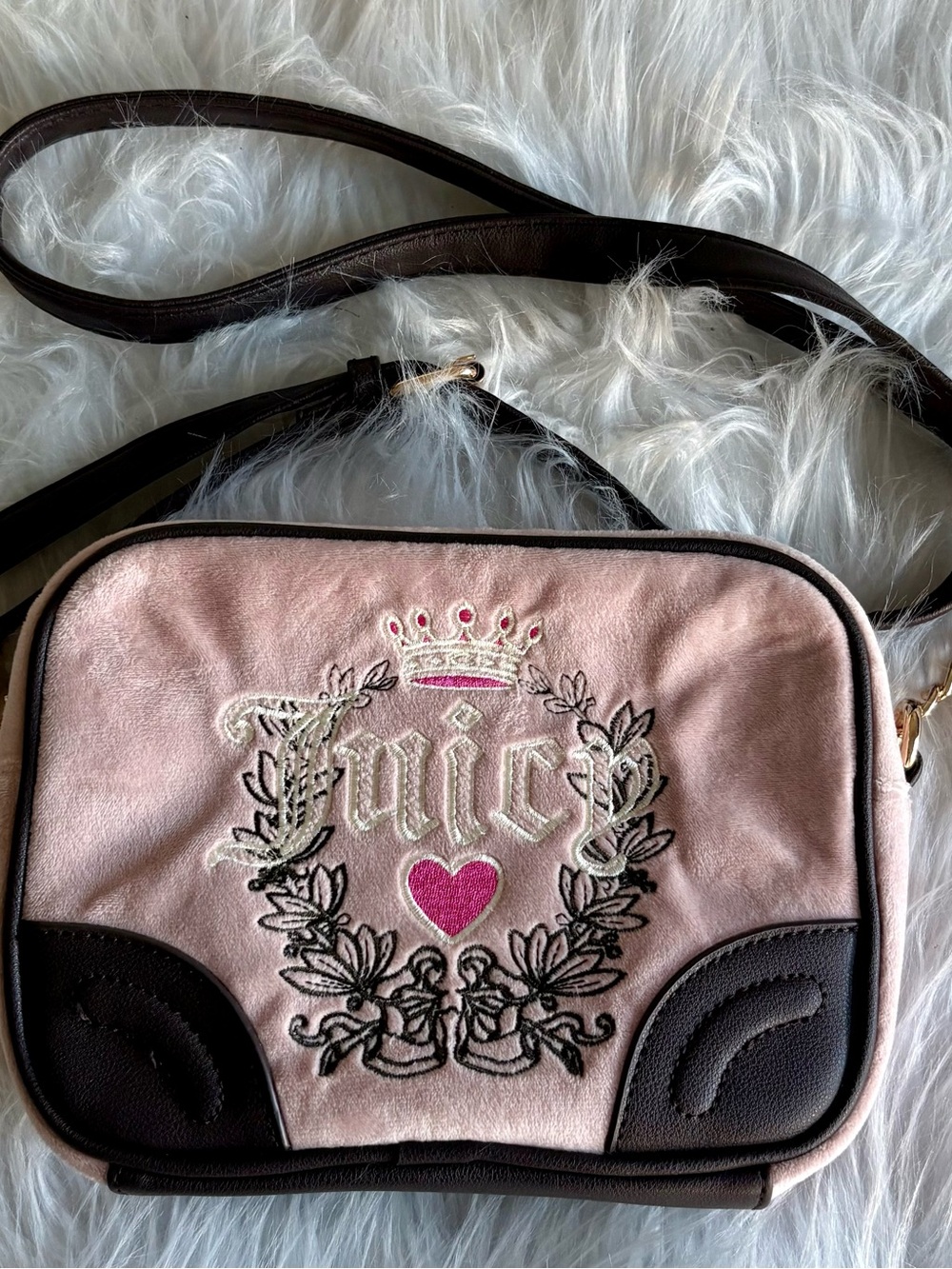 Juicy Couture Heritage Line Crossbody with Brown Trim and Embroidered Crest